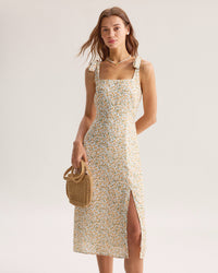 Yellow Floral Shirred Slip Midi Dress