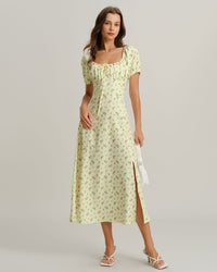 Yellow Floral Square Neck Puffed Sleeve Midi Dress