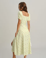 Yellow Floral Square Neck Puffed Sleeve Midi Dress - Threadford
