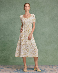 Yellow Floral Square Neck Shirred Midi Dress