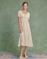 Yellow Floral Square Neck Shirred Midi Dress - Threadford