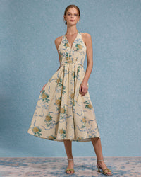 Yellow Floral Strapless Midi Dress