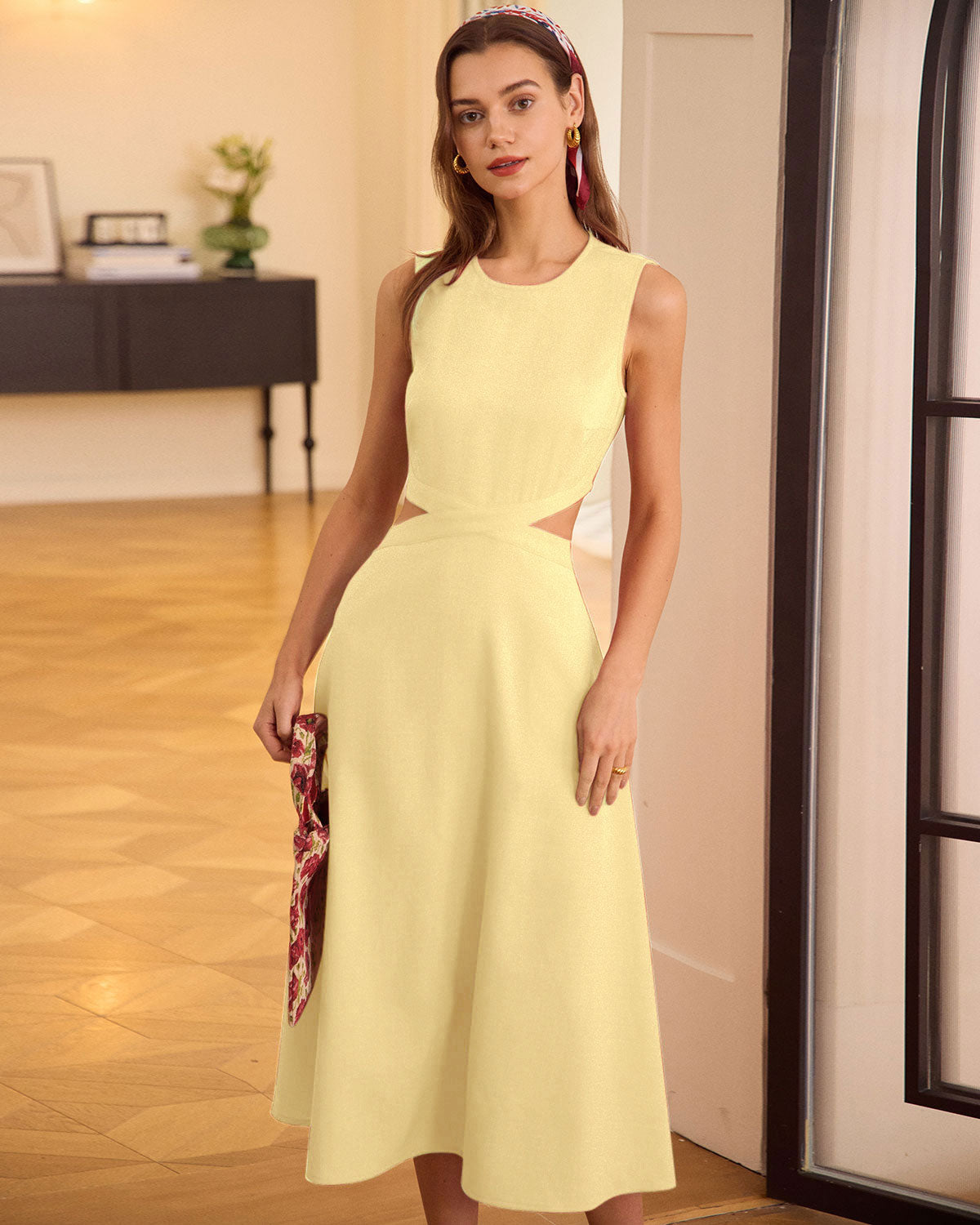 Yellow Round Neck Cut-Out Midi Dress - Threadford