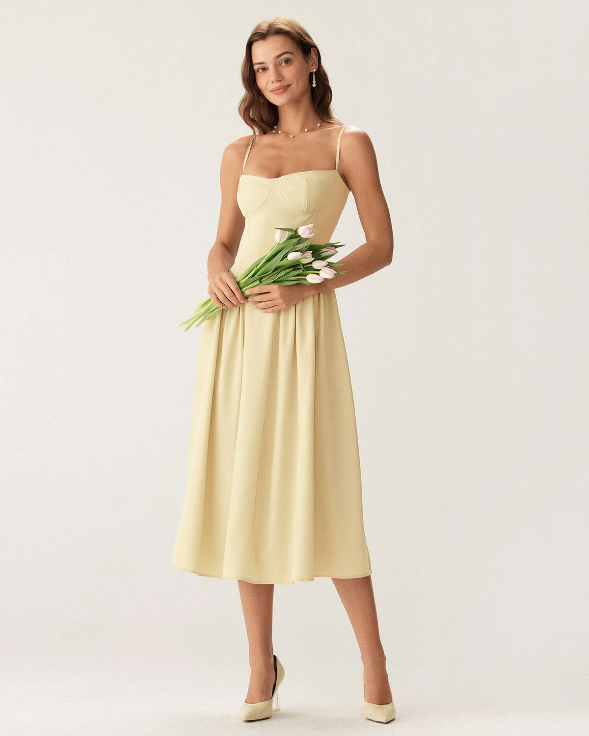 Yellow Square Neck Pocket Slip Midi Dress - Threadford