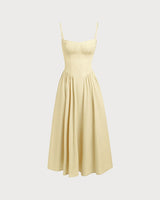 Yellow Square Neck Pocket Slip Midi Dress - Threadford
