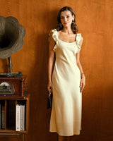 Yellow Square Neck Ruffle Satin Midi Dress - Threadford