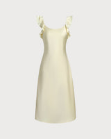 Yellow Square Neck Ruffle Satin Midi Dress - Threadford