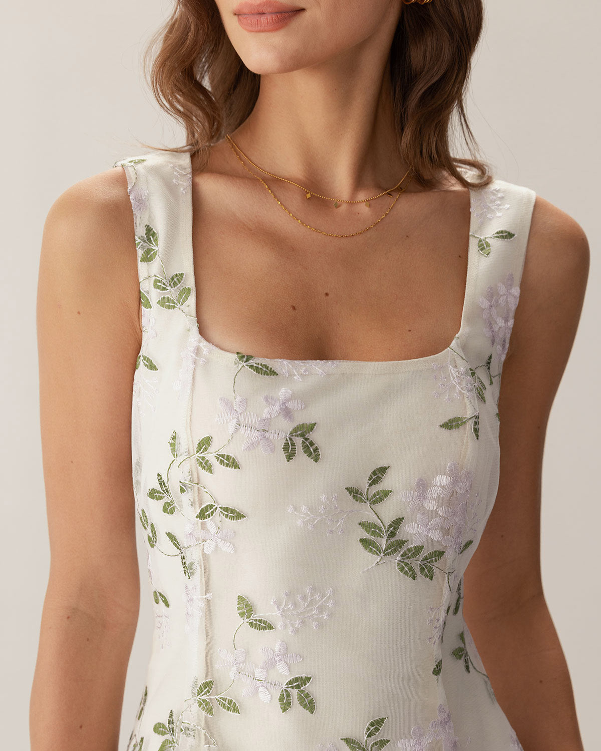 Beige Square Neck Embroidery Slit Slip Mini Dress - Threadford