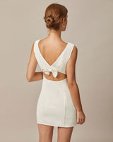 The Beige Boat Neck Back Bowknot Mini Dress - Threadford