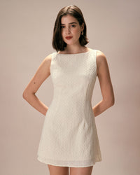 The Beige Boat Neck Textured Mini Dress