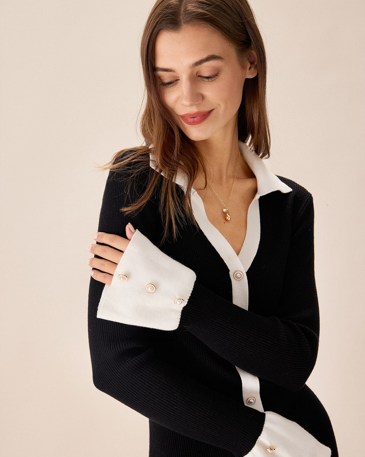 Black Contrasting Bell Sleeve Sweater Dress - Threadford