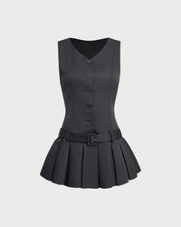 Black V-Neck Sleeveless Belted Mini Dress