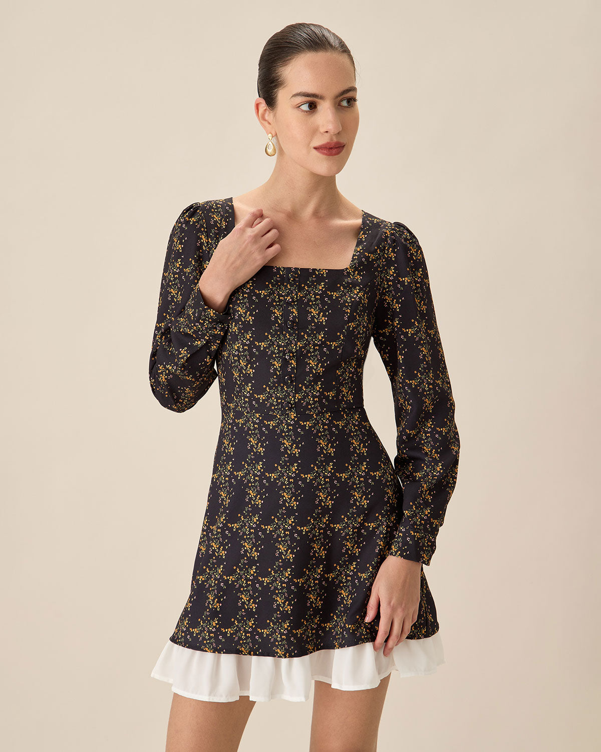 Black Contrasting Puffed Sleeve Mini Dress - Threadford