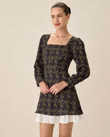 Black Contrasting Puffed Sleeve Mini Dress - Threadford