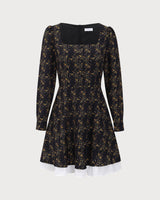 Black Contrasting Puffed Sleeve Mini Dress - Threadford