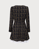 Black Contrasting Puffed Sleeve Mini Dress - Threadford