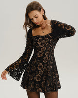 Black See Through Bell Sleeve Mini Dress - Threadford