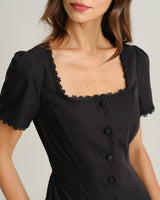Black Square Neck Button Mini Dress - Threadford