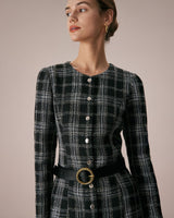 The Black Crew Neck Plaid A-Line Mini Dress - Threadford
