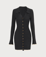 The Black V Neck Contrast Trim Knit Mini Dress - Threadford