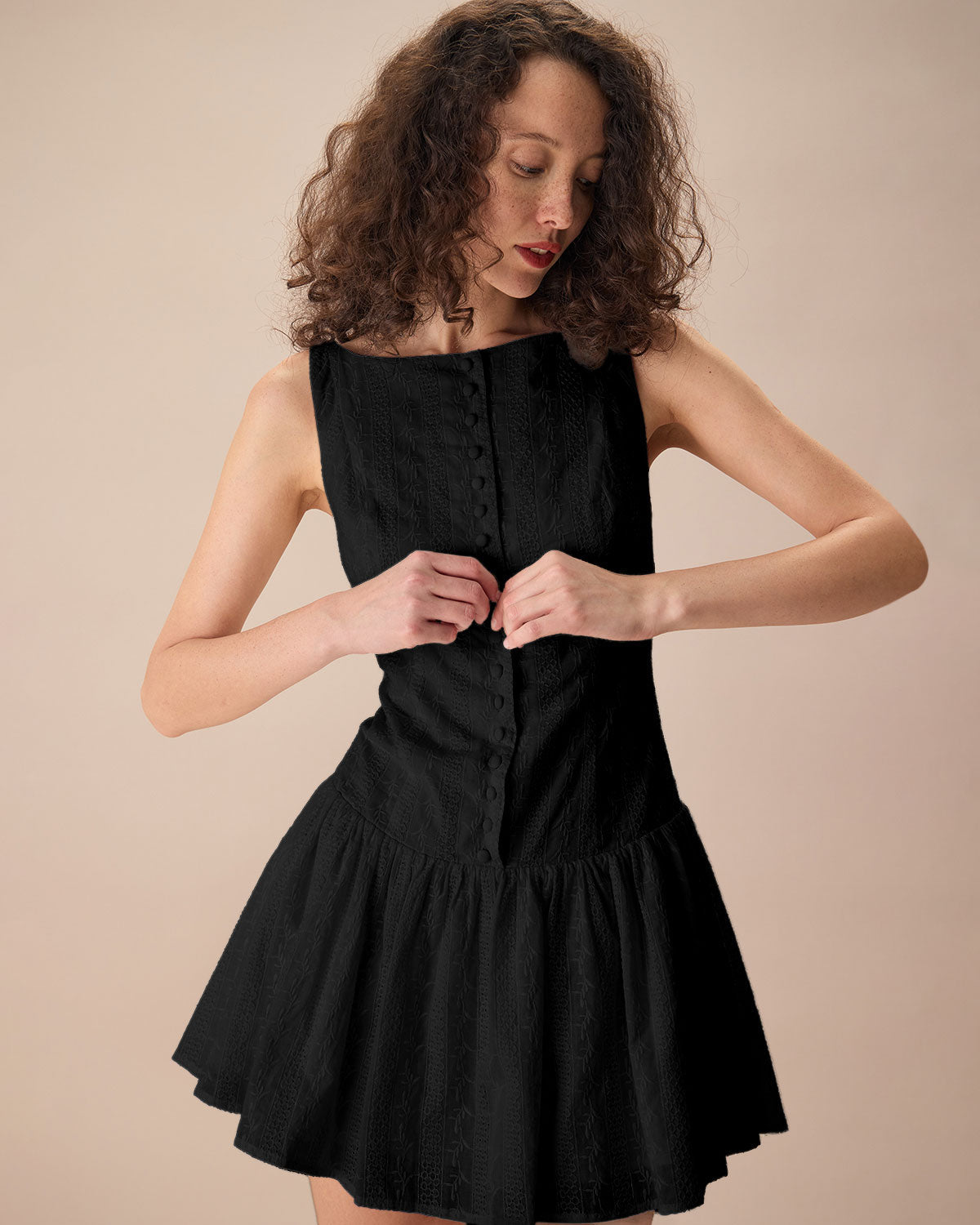 Women's Black Boat Neck Jacquard Cotton Mini Dress - Threadford