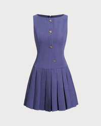 Blue Boat Neck Button Sleeveless Mini Dress
