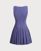 Blue Boat Neck Button Sleeveless Mini Dress - Threadford