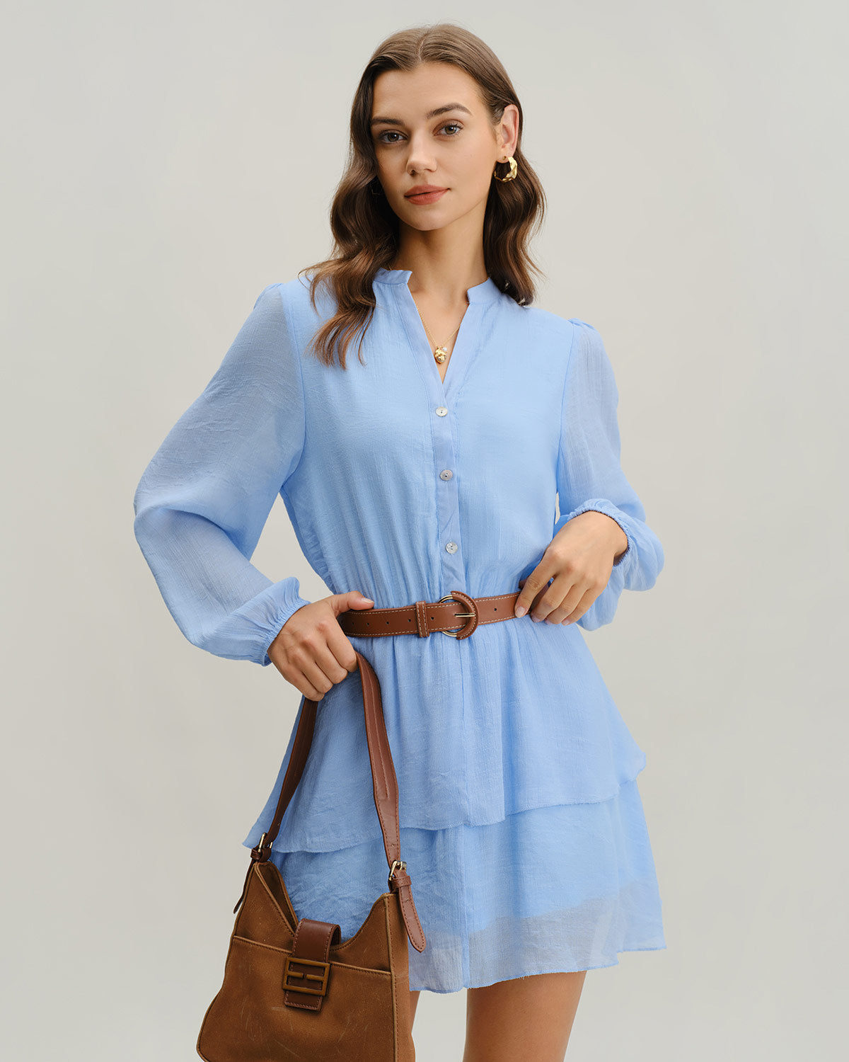 Blue V-Neck Tiered Mini Dress - Threadford