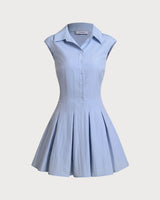 Blue Button A-Line Sleeveless Mini Dress - Threadford