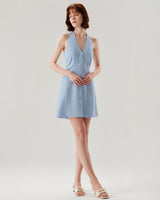 Blue Button Pocket Halter Mini Dress - Threadford