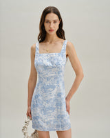 Blue Floral Square Neck A-Line Slip Mini Dress - Threadford