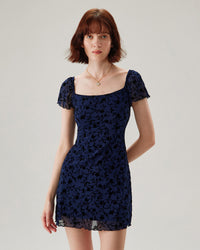 Blue Floral Square Neck Mesh Mini Dress