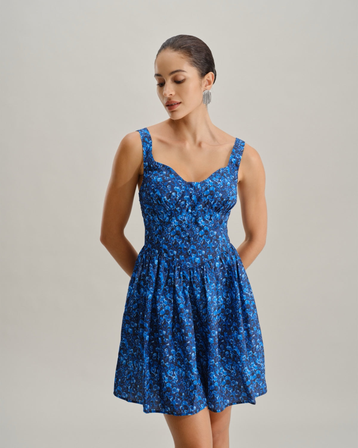 Blue Floral U-Neck Shirred Mini Dress - Threadford