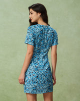 Blue Floral V-Neck Button Mini Dress - Threadford