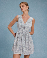 Blue Floral V Neck Pleated Mini Dress - Threadford