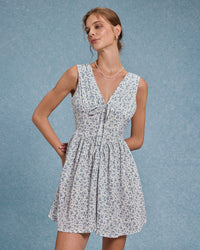 Blue Floral V Neck Pleated Mini Dress