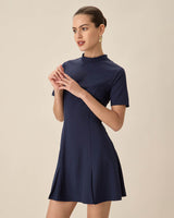 Blue Mock Neck Pleated Mini Dress - Threadford