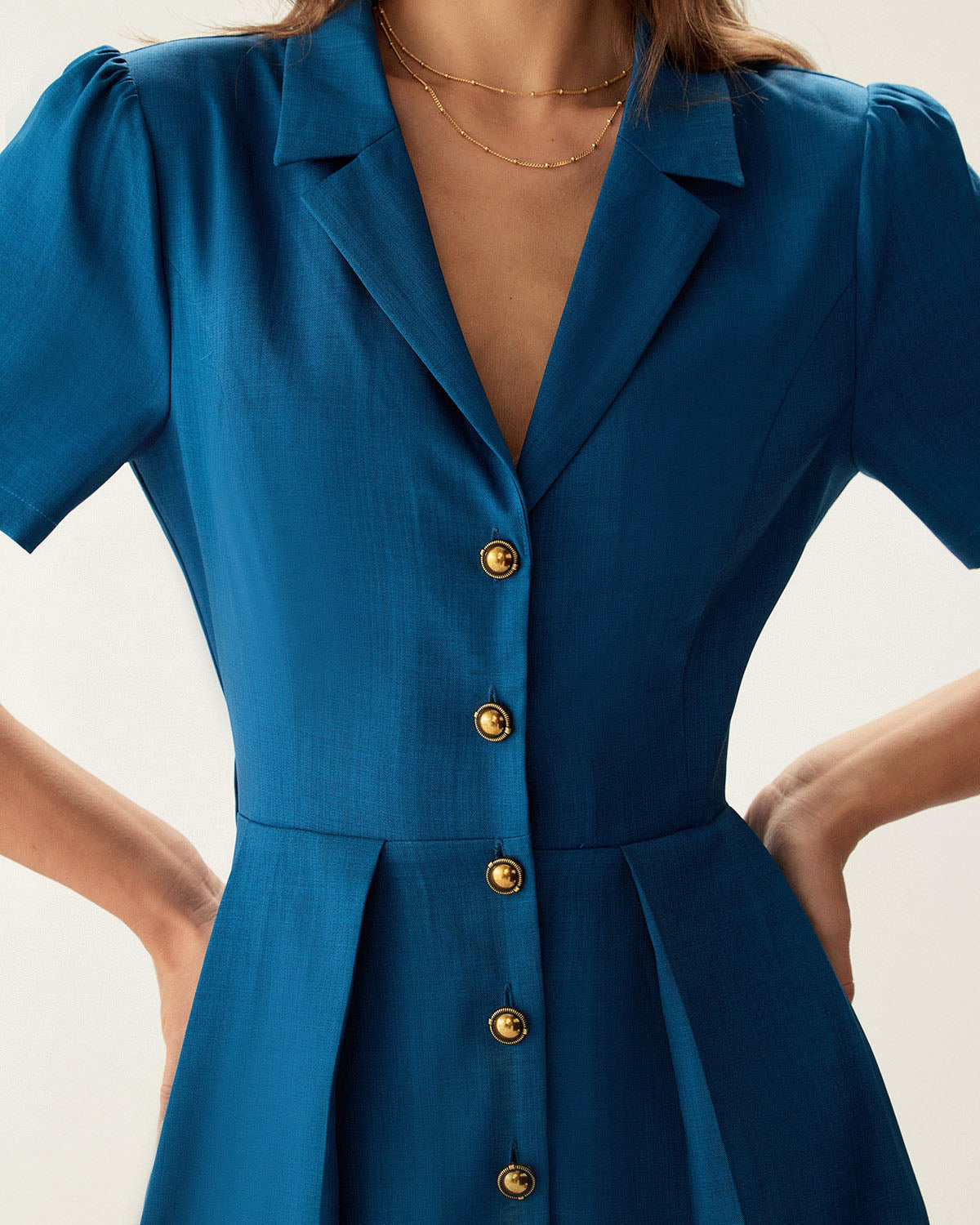 Blue Puffed Sleeve Button Mini Dress - Threadford