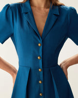 Blue Puffed Sleeve Button Mini Dress - Threadford
