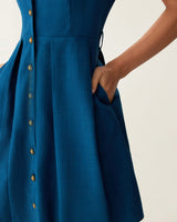 Blue Puffed Sleeve Button Mini Dress - Threadford
