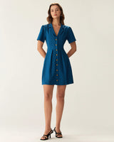 Blue Puffed Sleeve Button Mini Dress - Threadford