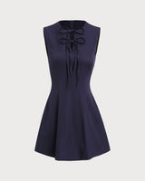 Blue Round Neck Sleeveless A-Line Mini Dress - Threadford