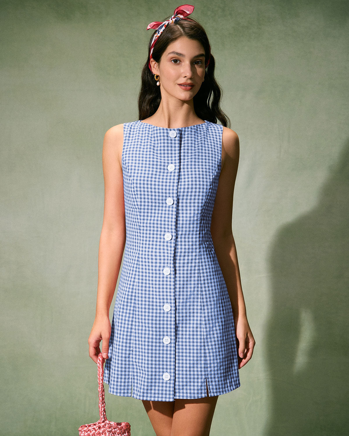 The Blue Boat Neck Cotton Plaid Mini Dress - Threadford