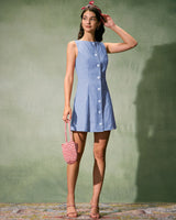 The Blue Boat Neck Cotton Plaid Mini Dress - Threadford