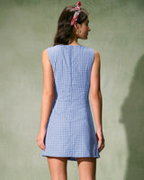 The Blue Boat Neck Cotton Plaid Mini Dress - Threadford