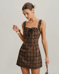 Brown Plaid Square Neck A-Line Slip Mini Dress