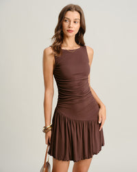 Brown Boat Neck Ruched Sleeveless Mini Dress