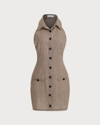 Brown Plaid Button Sleeveless Mini Dress