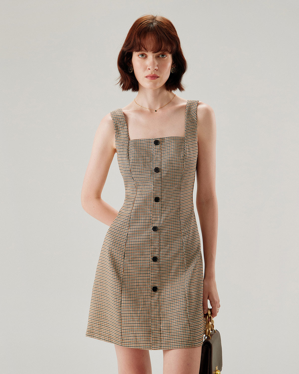 Brown Plaid Button Slip Mini Dress - Threadford