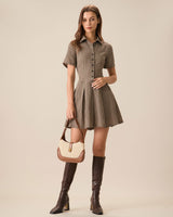 Brown Plaid Lapel Pleated Mini Dress - Threadford